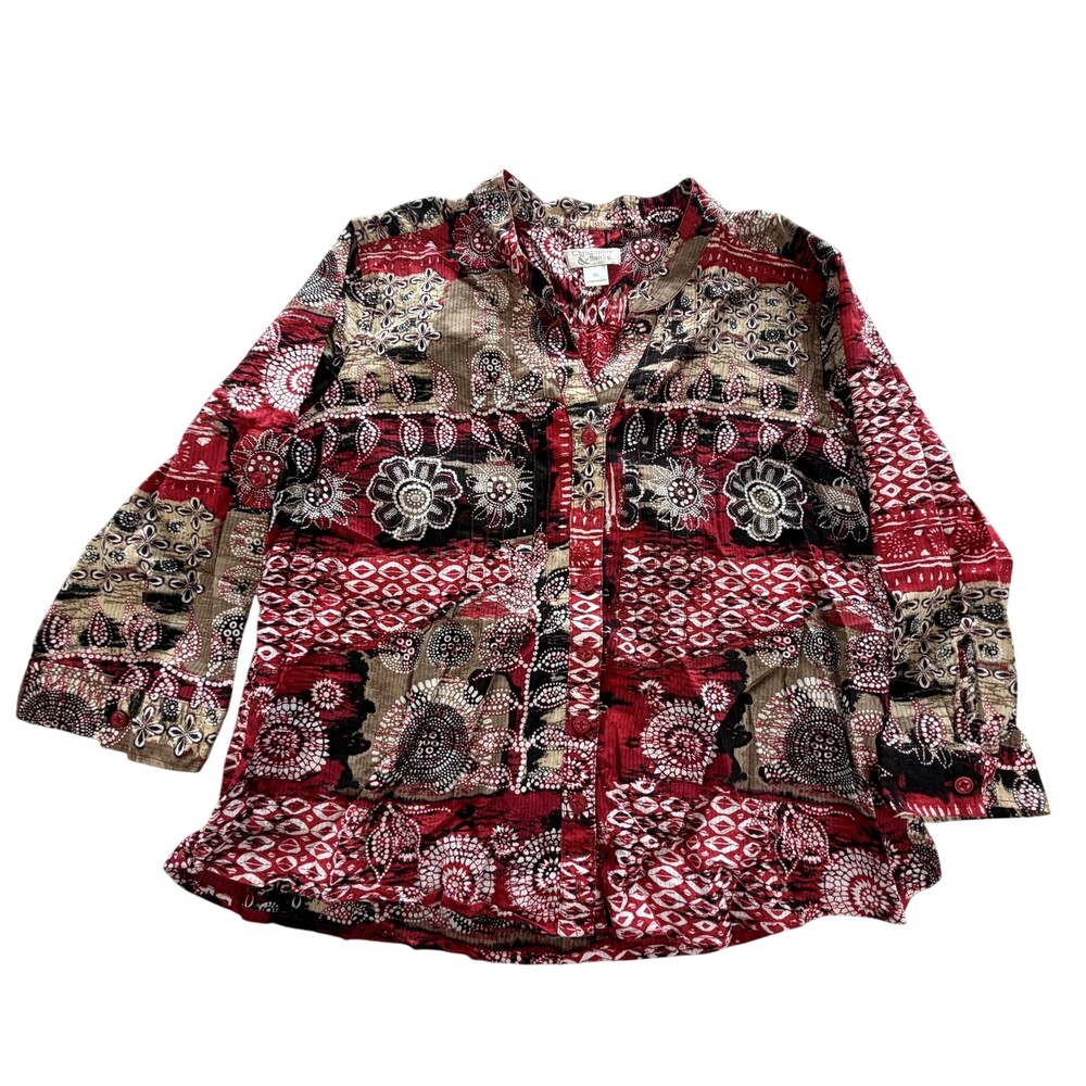 Christopher & Banks Blouse Womens XL Red Floral 100% Cotton 3/4 Sleeve V Neck